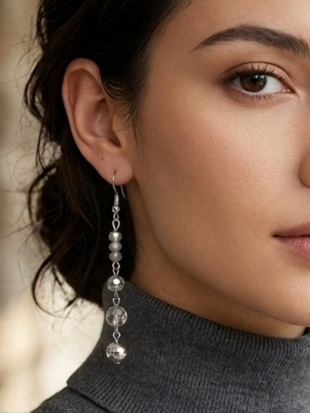 Handmade Metallic Dangle Earrings with Gray Crystal Accents